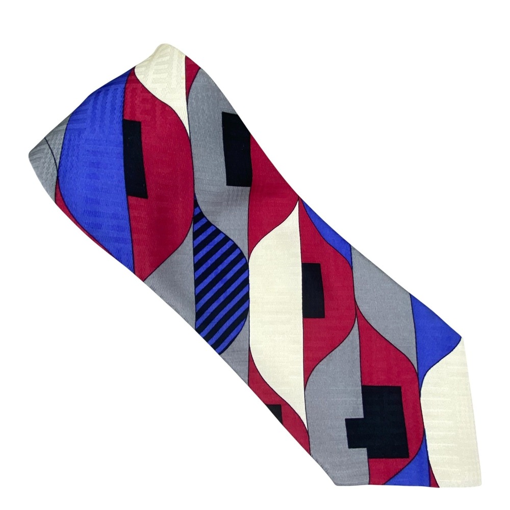 VTG Bill Robinson Silk‎ Tie Mens Geometric Abstract Artsy Red Blue Italy 58x4